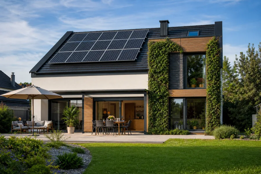 Energieeffizientes Einfamilienhaus mit Photovoltaik und begrünter Fassade als Beispiel für die neuen BEG-Förderbedingungen