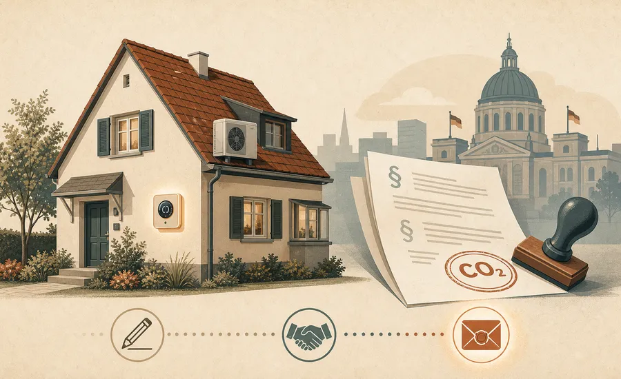 Illustration: Einfamilienhaus neben abgestempelter CO2-Abgabevorschrift mit Kuppeldom-Silhouette im Hintergrund